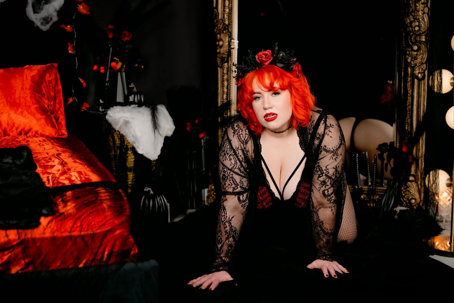 A gothic-themed photo series featuring dramatic red lighting and dark shadows in an atmospheric indoor setting.