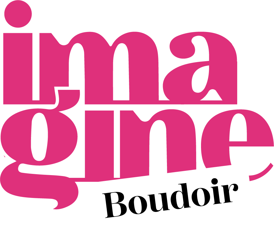 Pink typography logo design spelling 'imagine' with 'Boudoir' text underneath on white background.