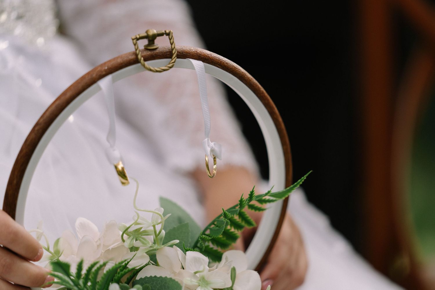 Close-up of wedding rings displayed on a floral embroidery hoop with white hydrangeas.