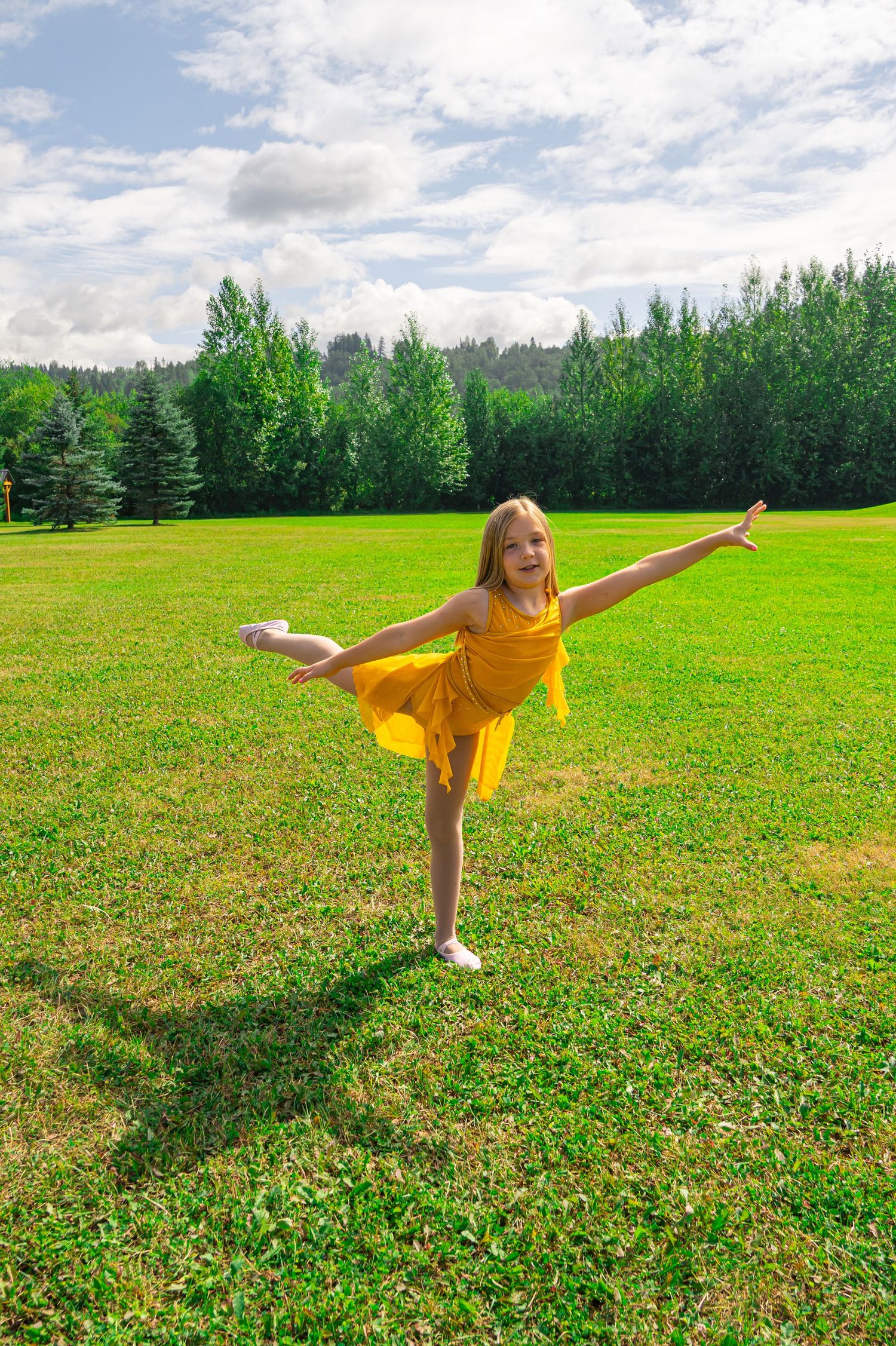 Person in yellow dress practices yoga warrior pose variations in a sunny green meadow surrounded by trees.