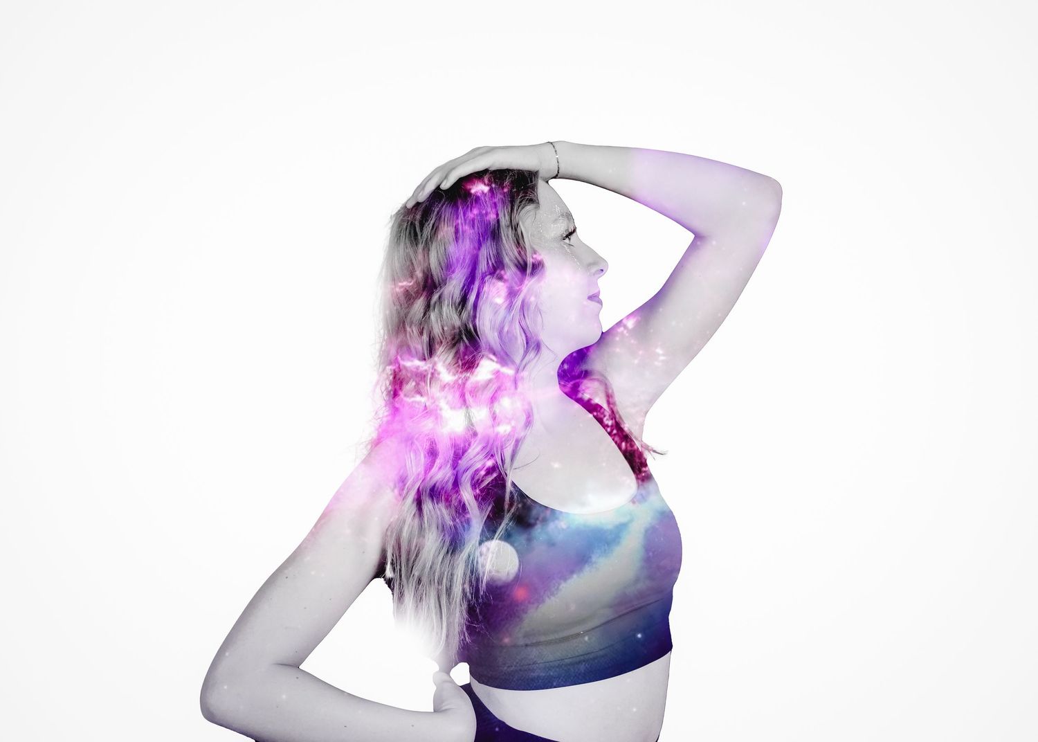 Abstract double exposure portrait with purple lighting effects.
