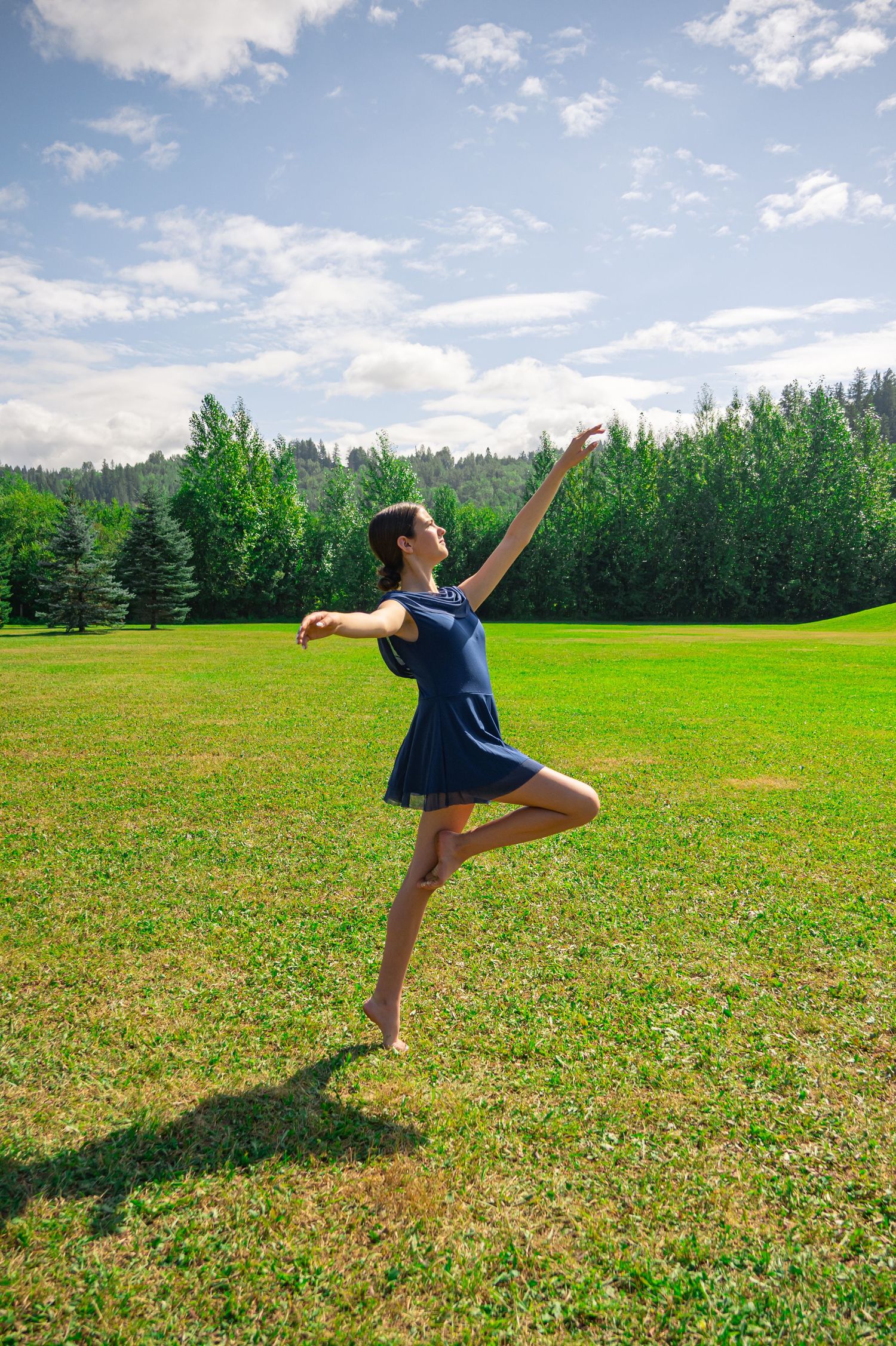 Dynamic dance poses captured in sequence on a grassy meadow with forest backdrop on a summer day.