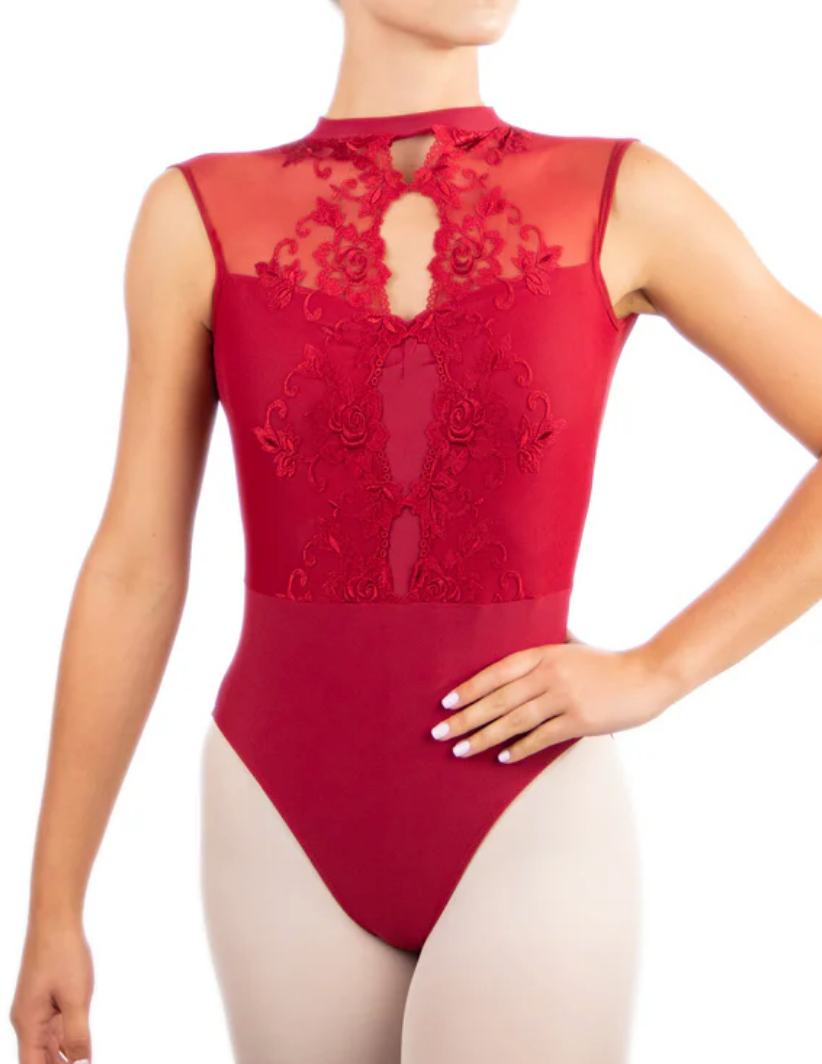 Red mesh and lace high neck leotard with keyhole back detail shown from multiple angles.