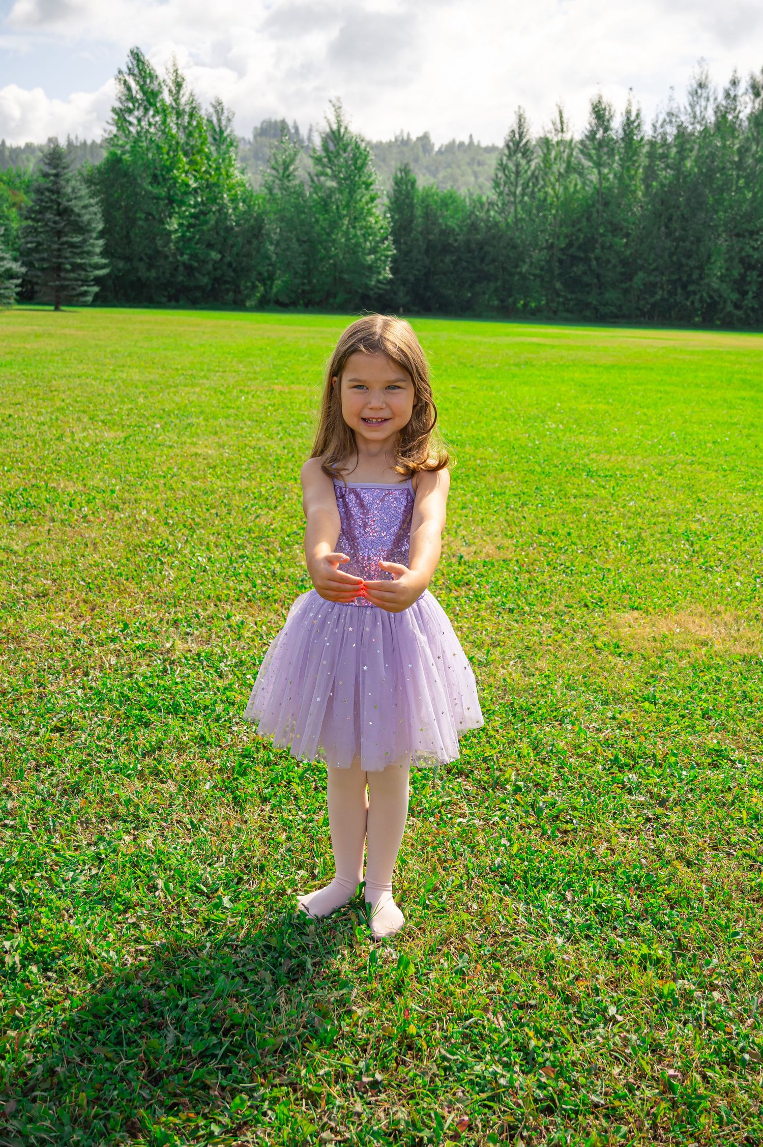 A purple tulle dress sparkles in the sunlight as someone poses gracefully on a grassy field with evergreen trees behind.