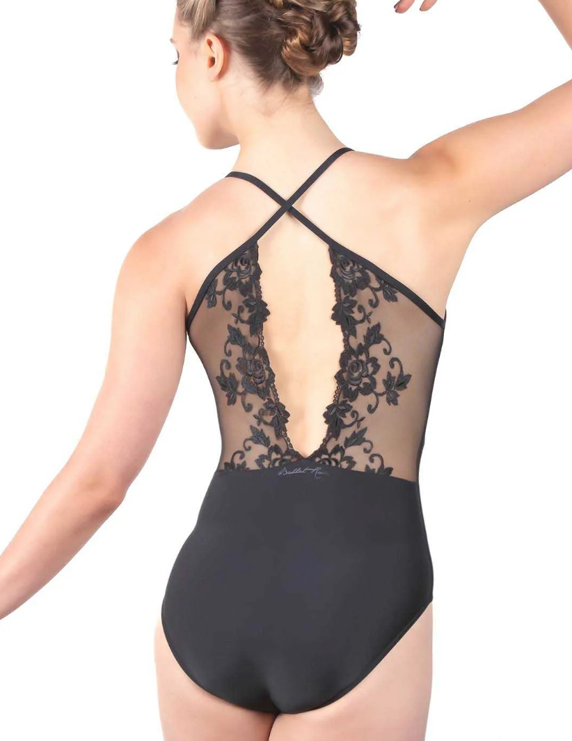 Black dance leotard with elegant lace mesh back panel detail shown from multiple angles.
