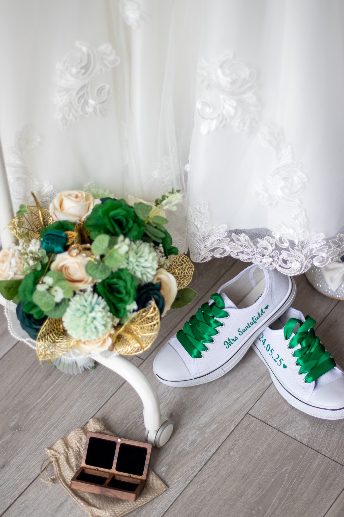 Wedding Sneakers with Wedding Bouquet and wooden Ring box