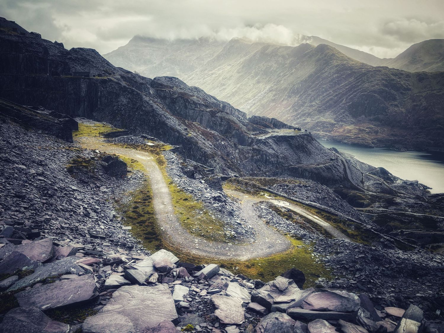 Snowden (yr wyddfa) and Dinorwic Slate Quary moody landscape