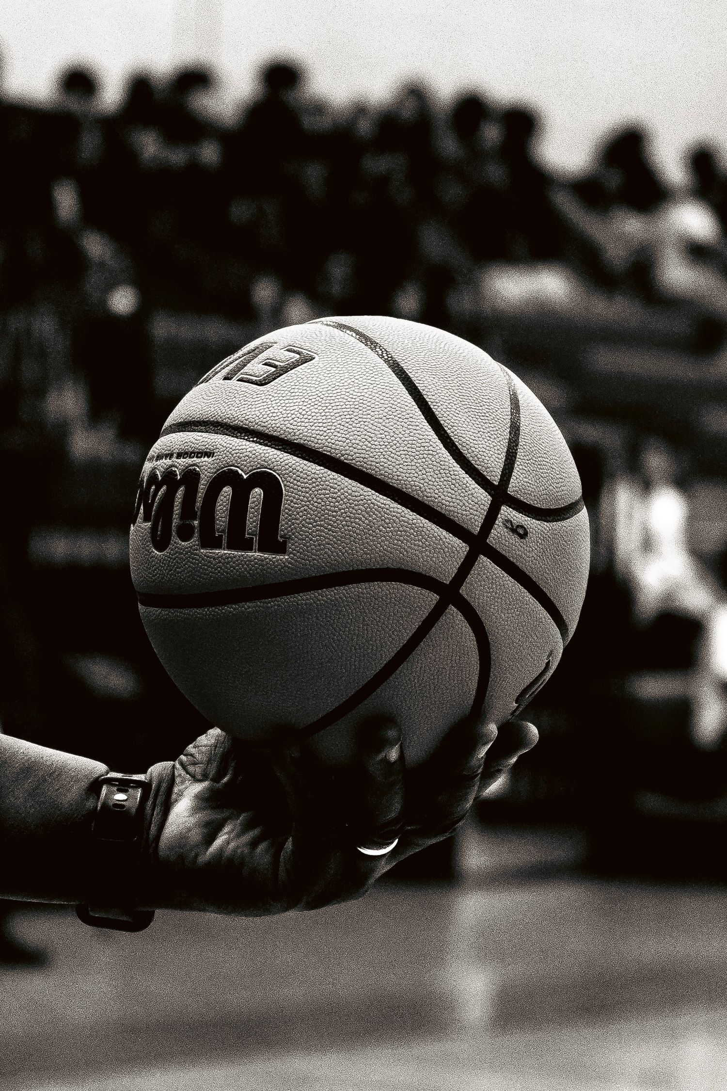 Close-up black and white photo of a Wilson NCAA basketball being held up.