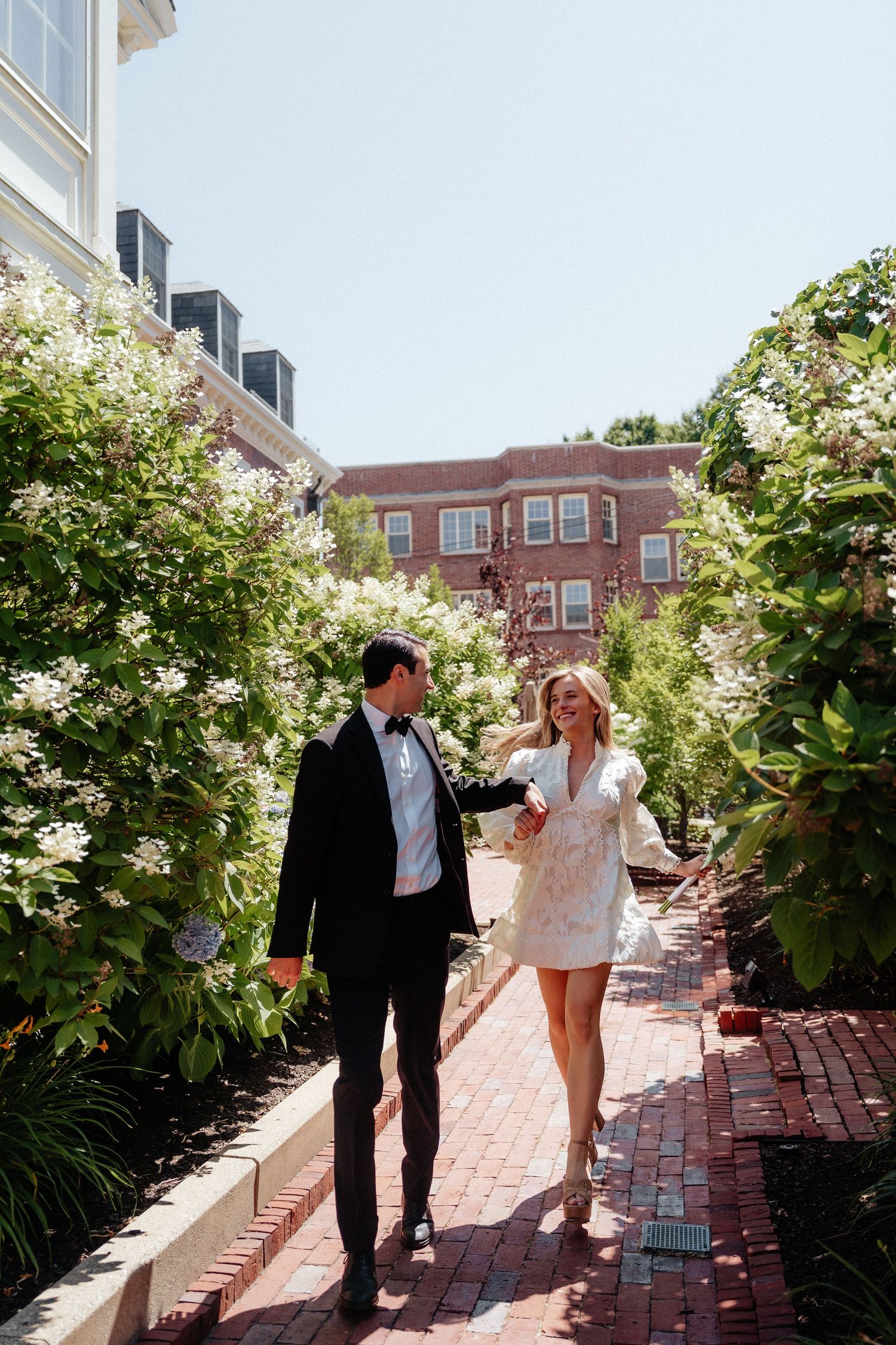 Couple walking together on a sunny brick pathway lined with blooming hydrangeas.
