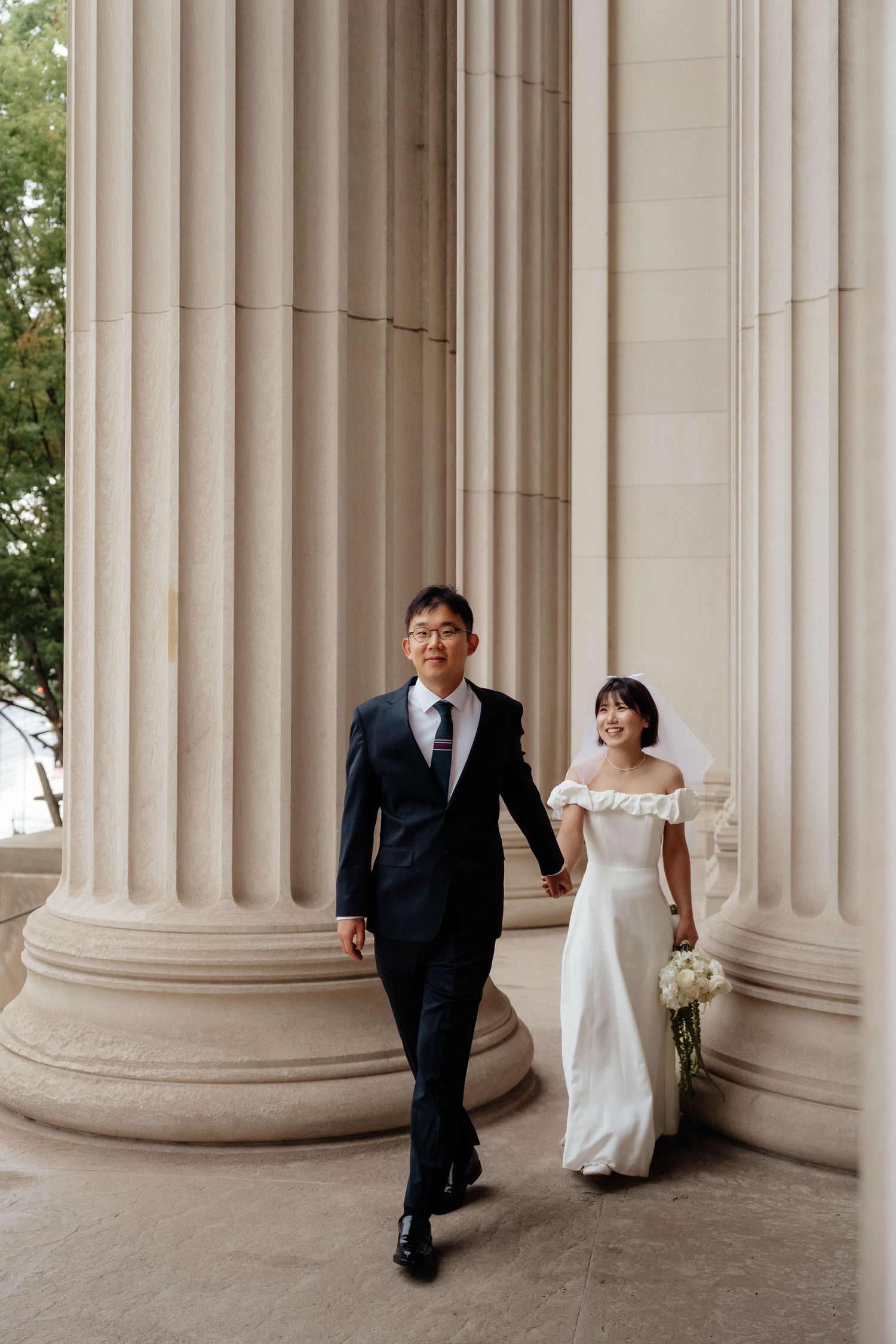 MIT engagement photos at Killian Court with the Great Dome in the background.