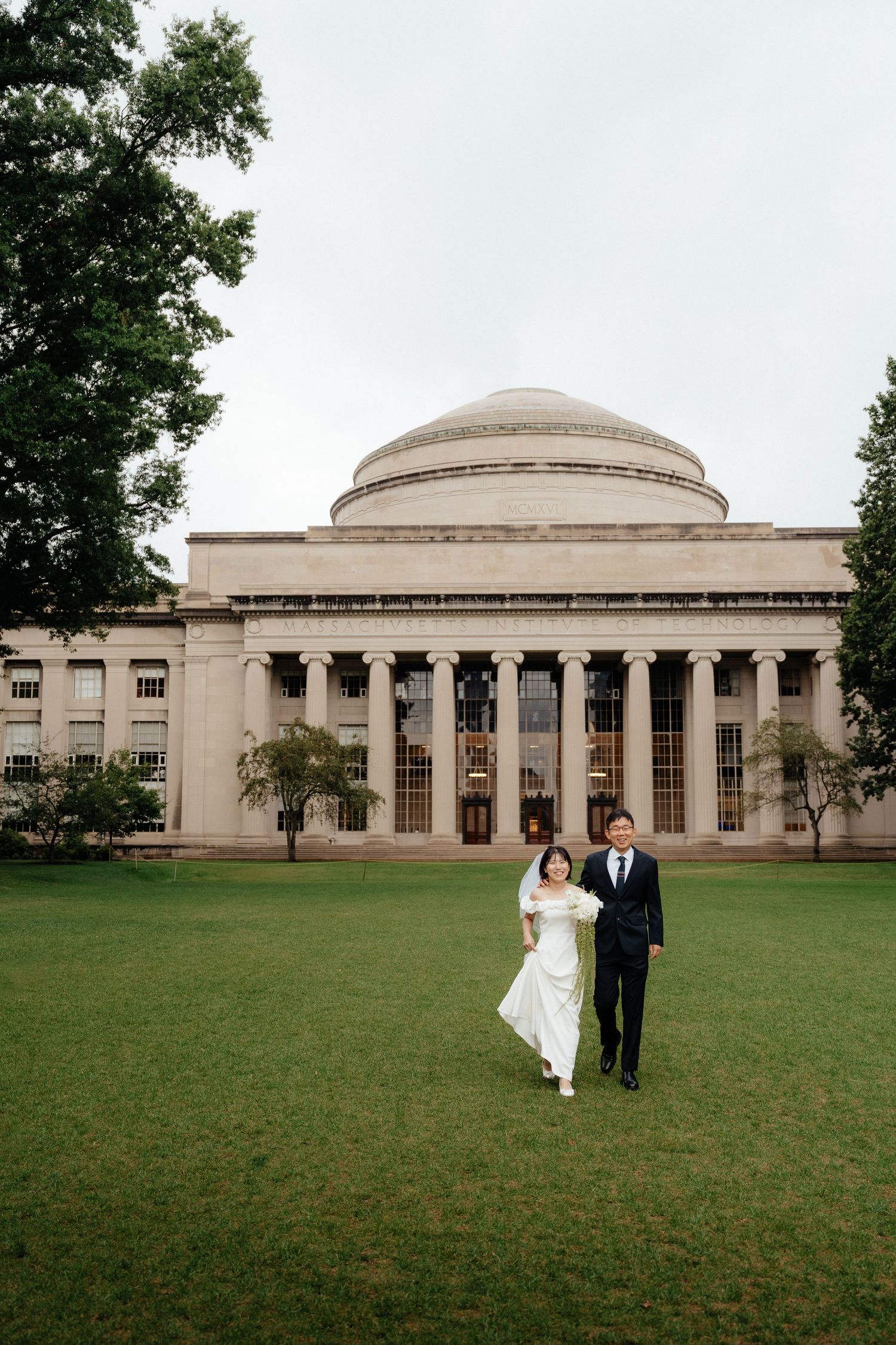 MIT engagement photos at Killian Court with the Great Dome in the background.