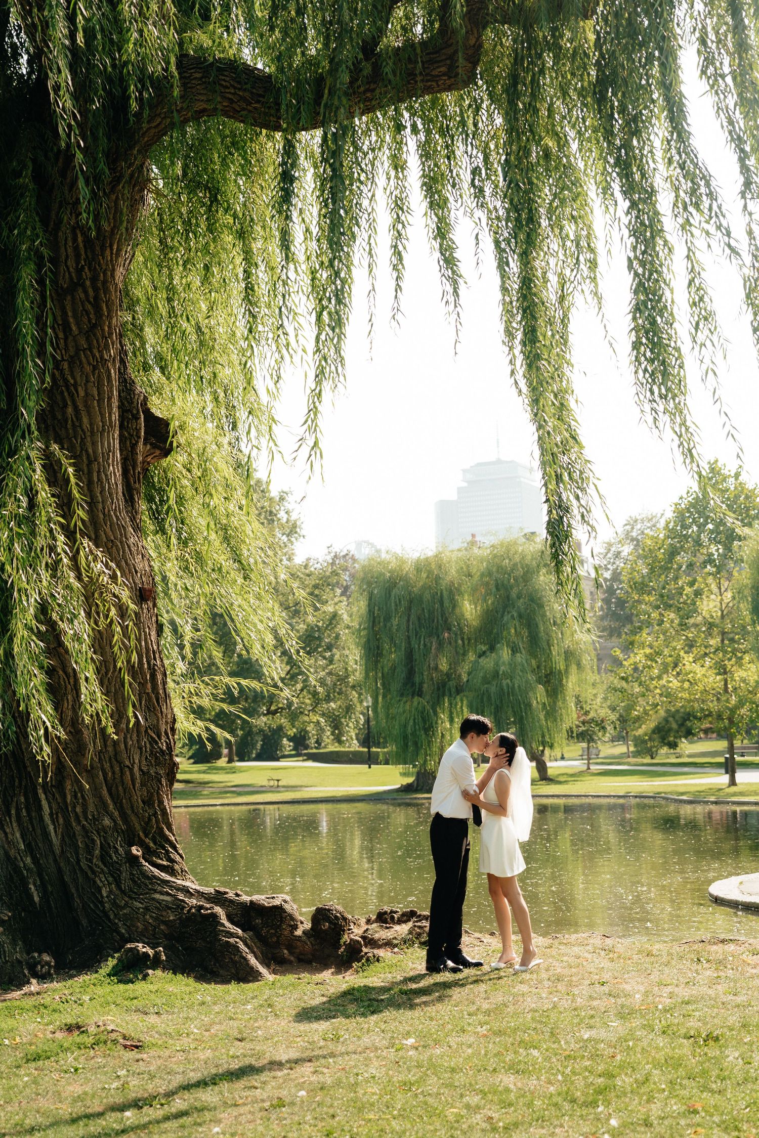 A couple shares an intimate moment under a majestic weeping willow tree beside a pond.