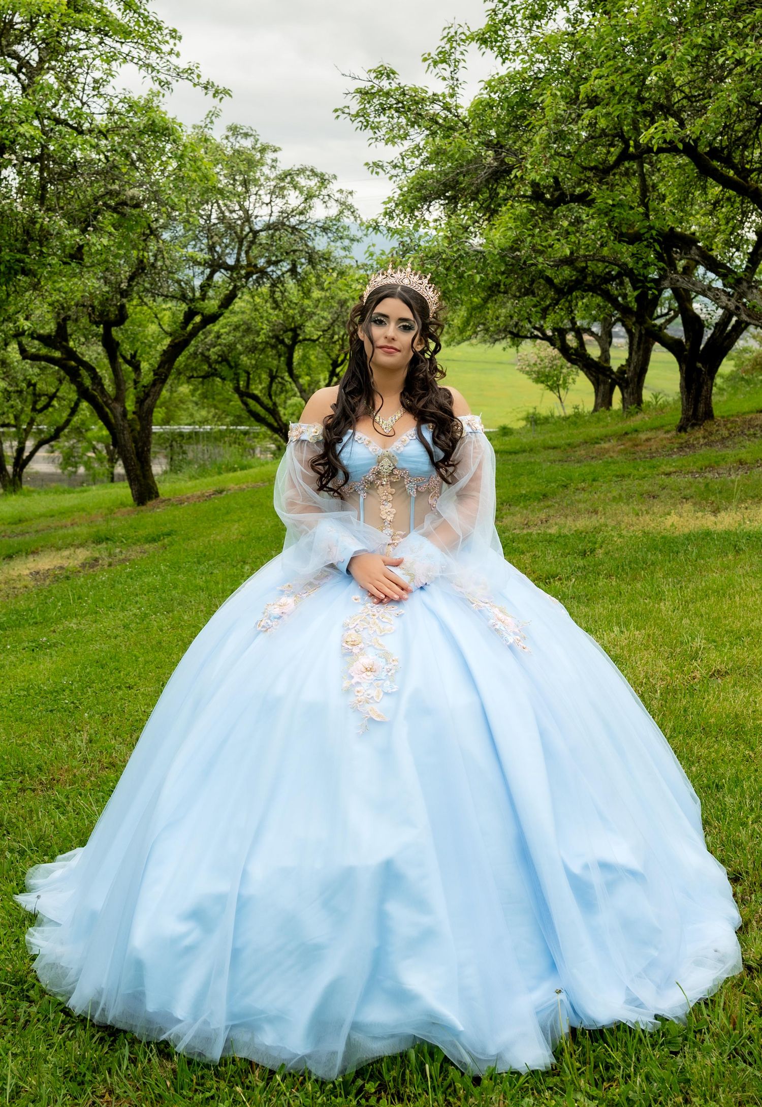 Light blue tulle ballgown with delicate details photographed among green trees.