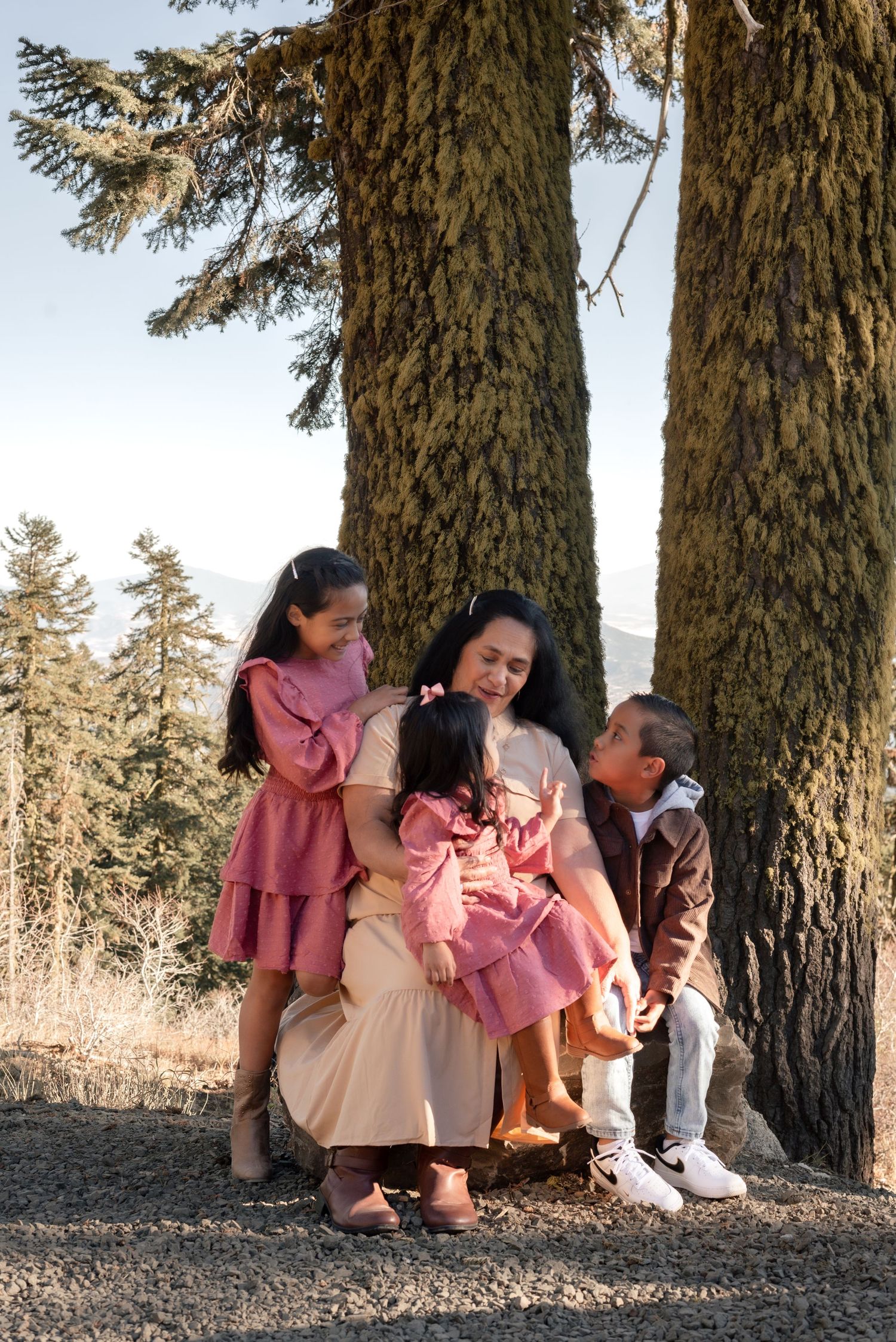 Family sitting together under large pine trees during a golden sunset.