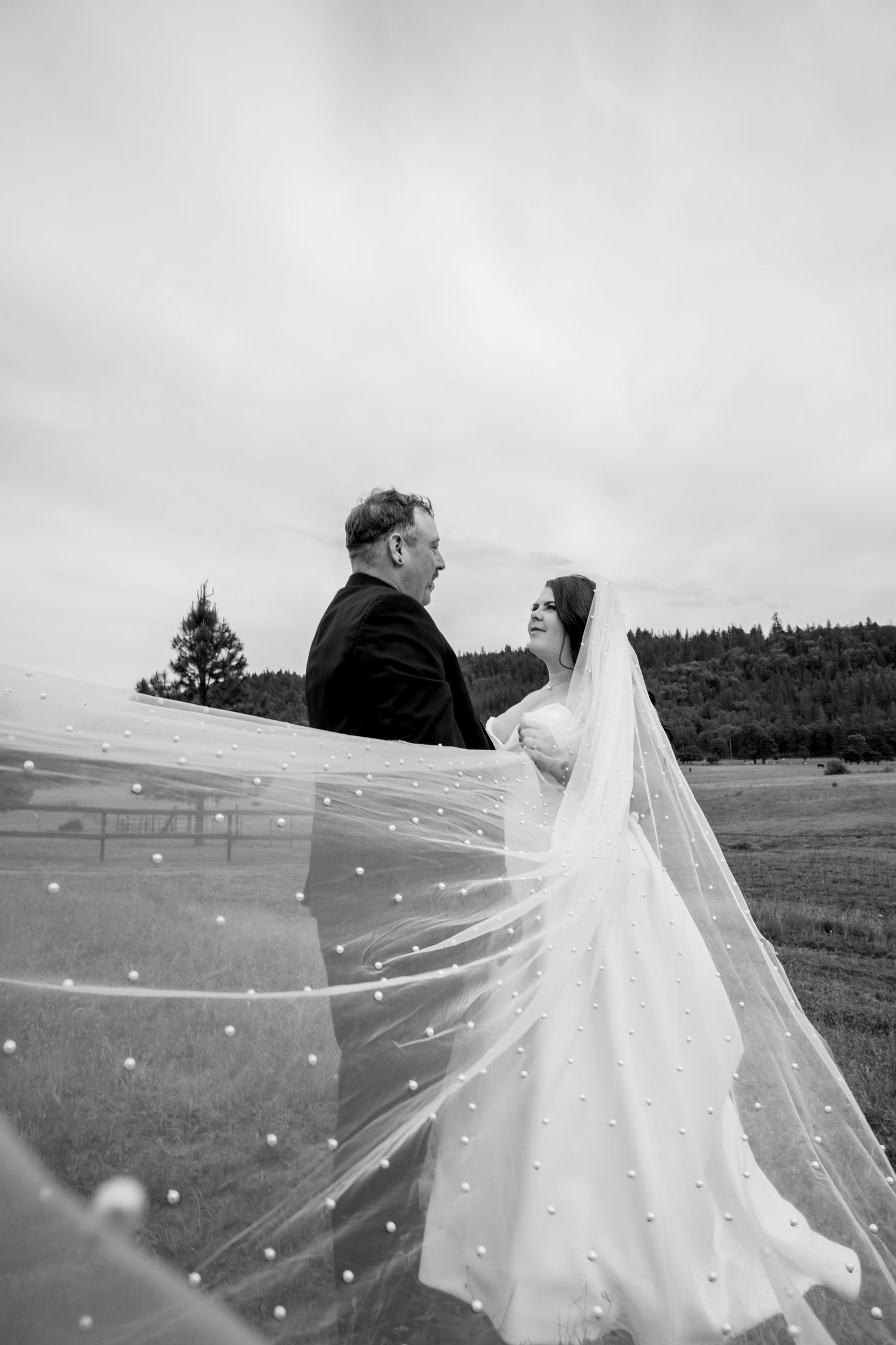 A romantic black and white wedding photo with a flowing veil in a scenic outdoor setting.