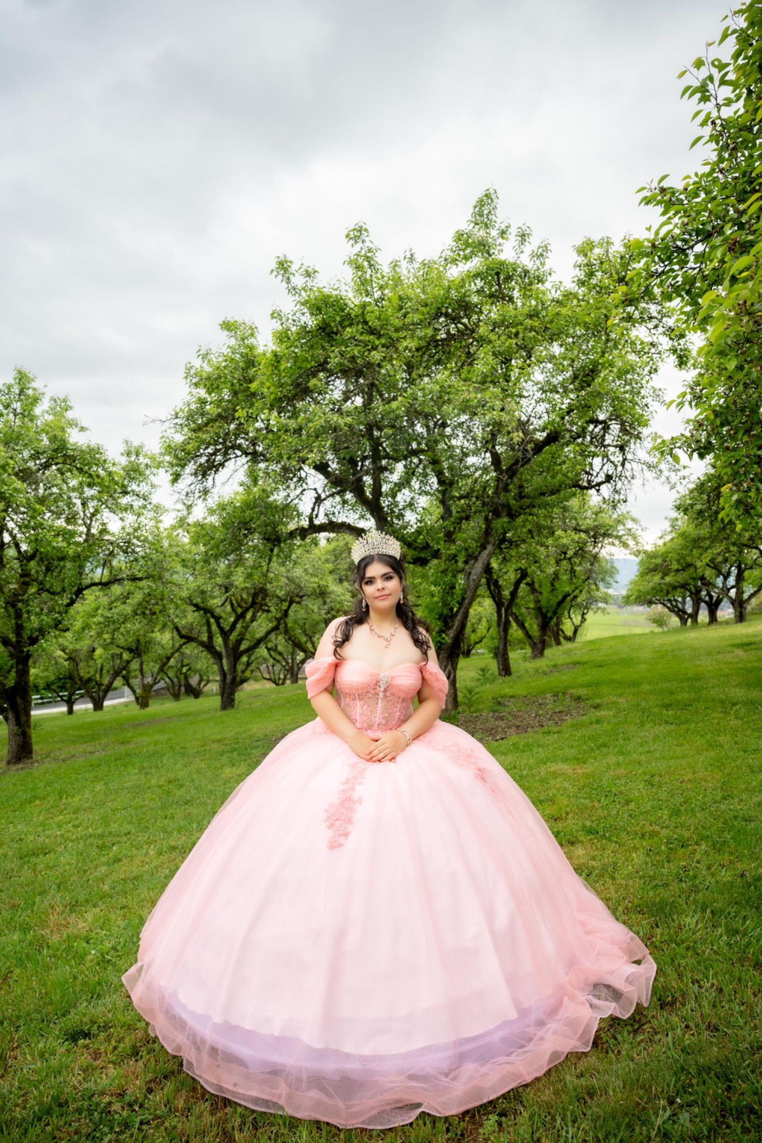 A pink ballgown dress photographed in a lush green orchard setting with scattered trees in the background.