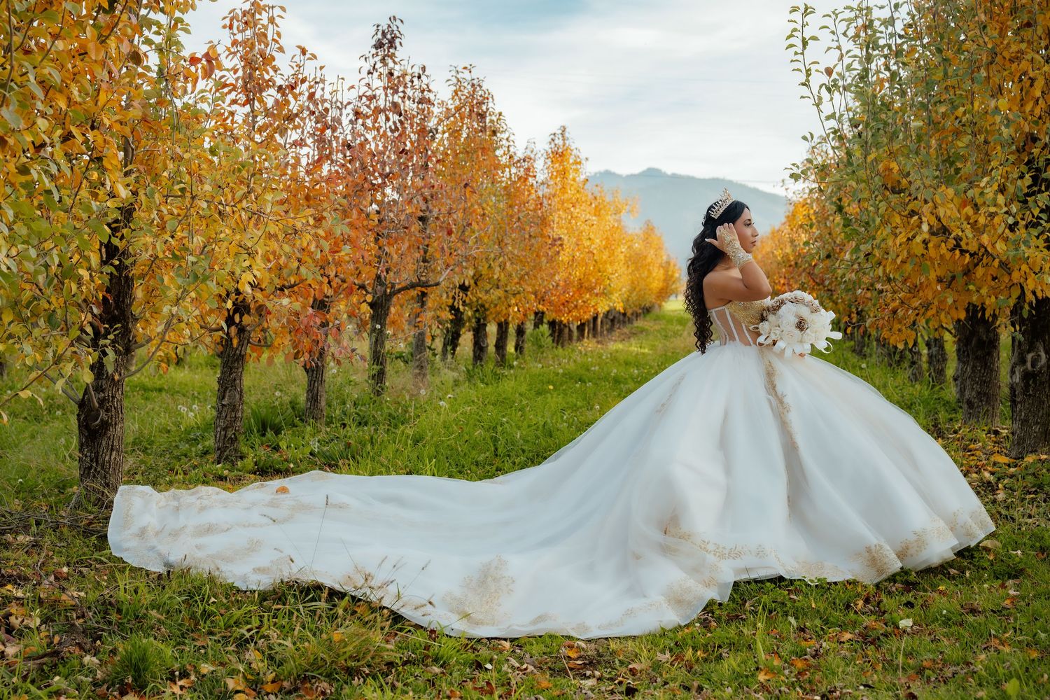 Long flowing wedding dress trailing through autumn trees in a scenic orchard.