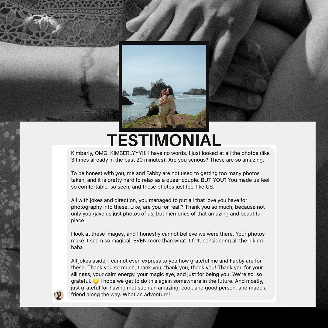 Black and white testimonial page with handwritten text and photo elements.