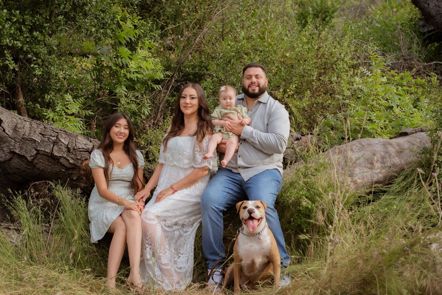 A family sits together on a fallen log in a natural outdoor setting with their brown dog.