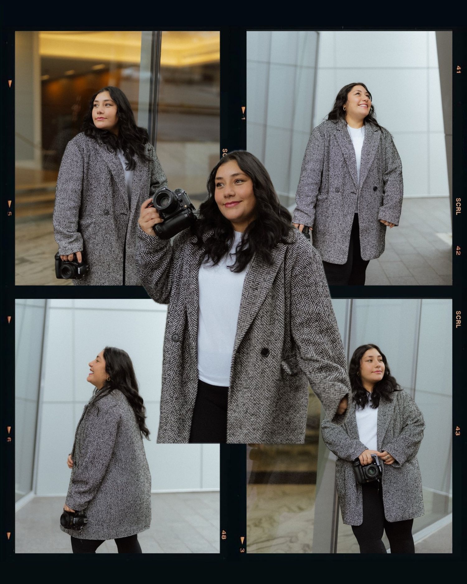 A stylish photo collage showing different poses in a grey winter coat against an urban backdrop.