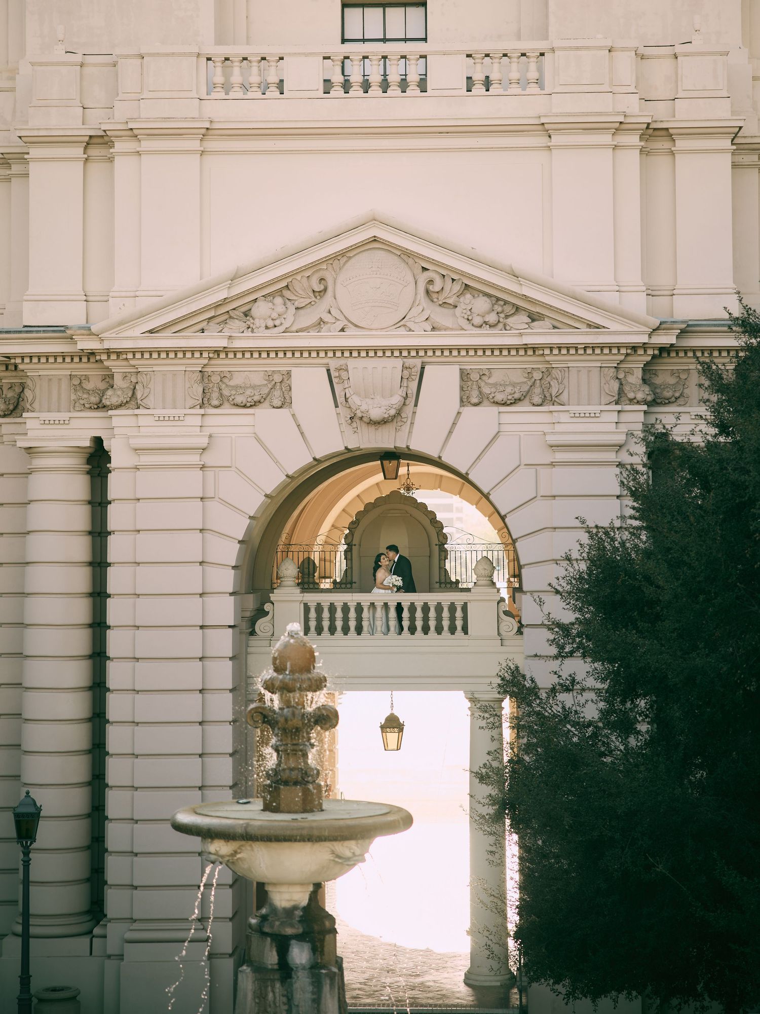 Pasadena City Hall central court fountain portrait by local wedding and elopement photographer.