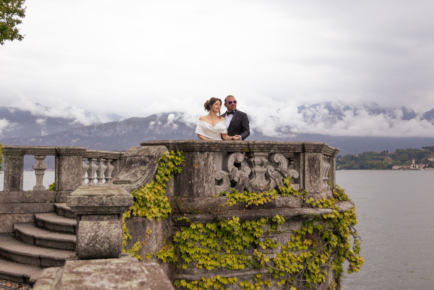 Wedding photography session at a scenic Italian villa with lake and mountain views.