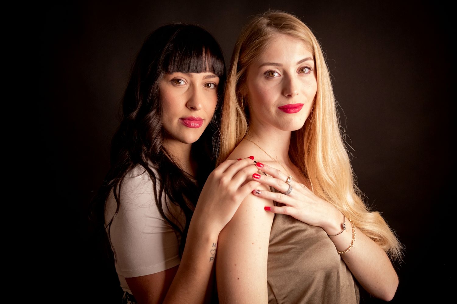 Dramatic portrait series in dark lighting showing contrasting hairstyles and expressions.