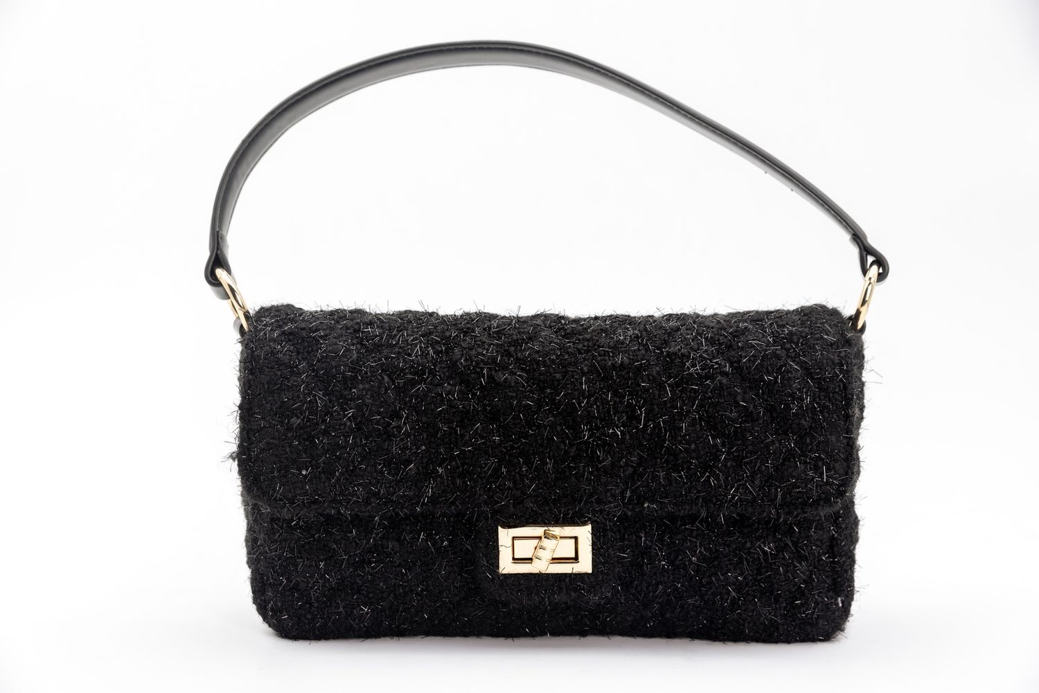 Black furry handbag collection shown from different angles on white background.