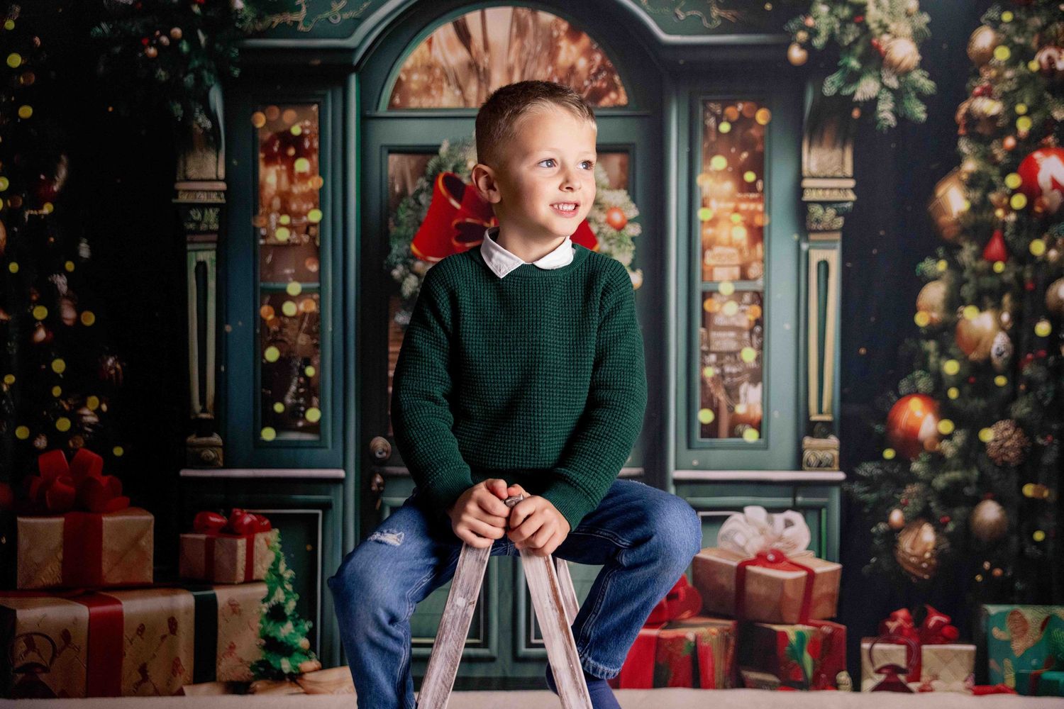 Festive Christmas setting with decorated tree, wrapped gifts, and warm lighting against dark background.