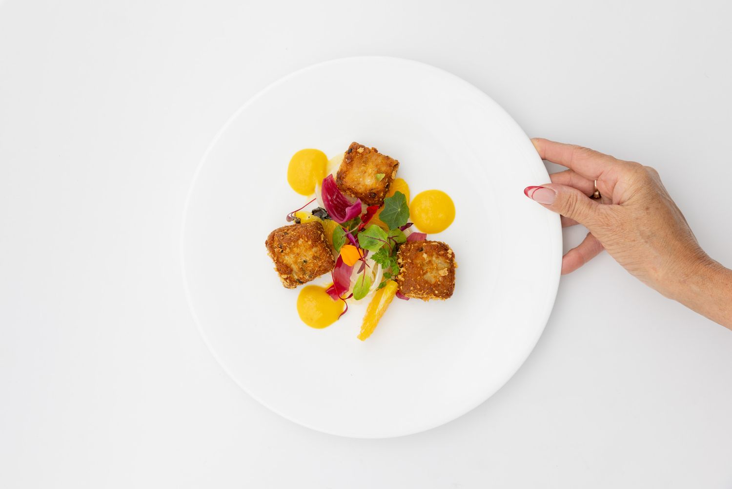 Minimalist white plating sequence showing elegant food presentation.