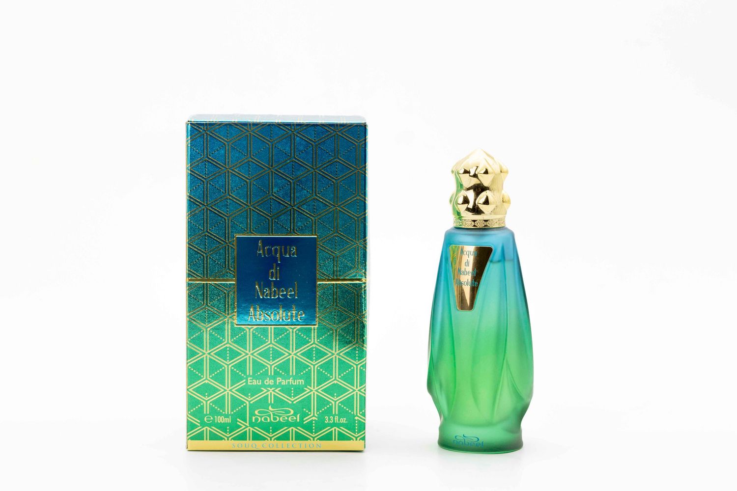 Luxury turquoise perfume bottles and packaging displayed in elegant arrangement.