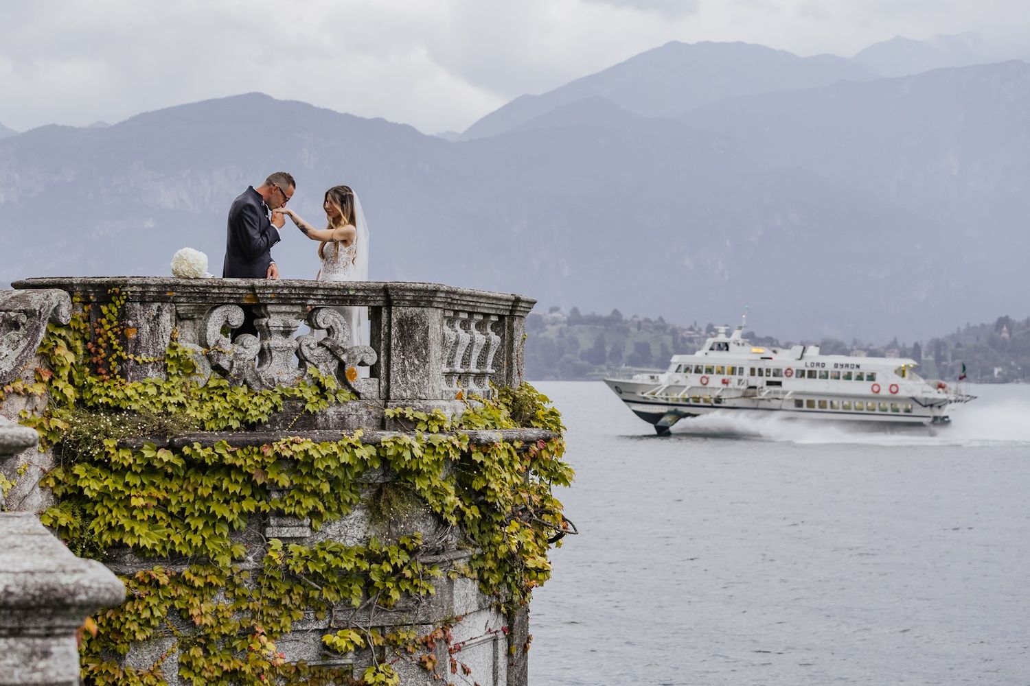 A panoramic collage of scenic Lake Como in Italy showing boats, mountains, and waterfront villas in misty conditions.