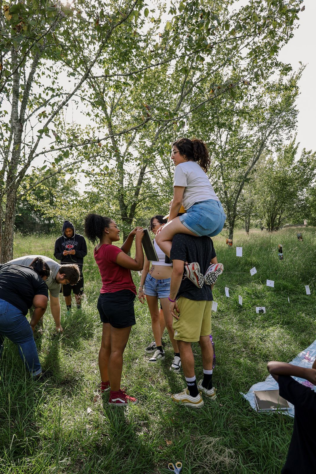 Students work outdoors in a green orchard, with one person being lifted up to reach tree branches.