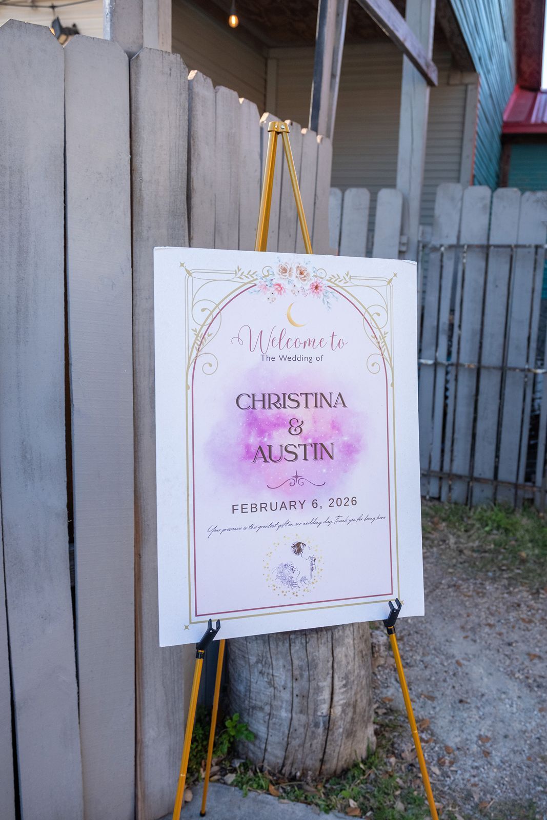 Wedding welcome sign for Christina and Austin on February 6, 2026, displayed on a gold easel outdoors.