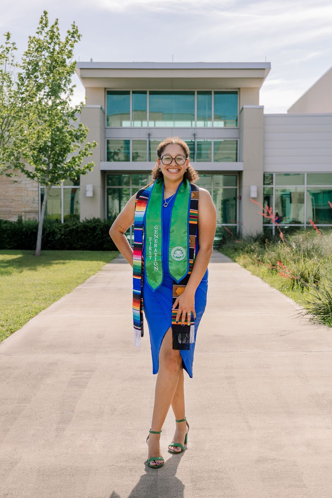 A series of five photos showing a person in a blue vest standing outside a modern building entrance.