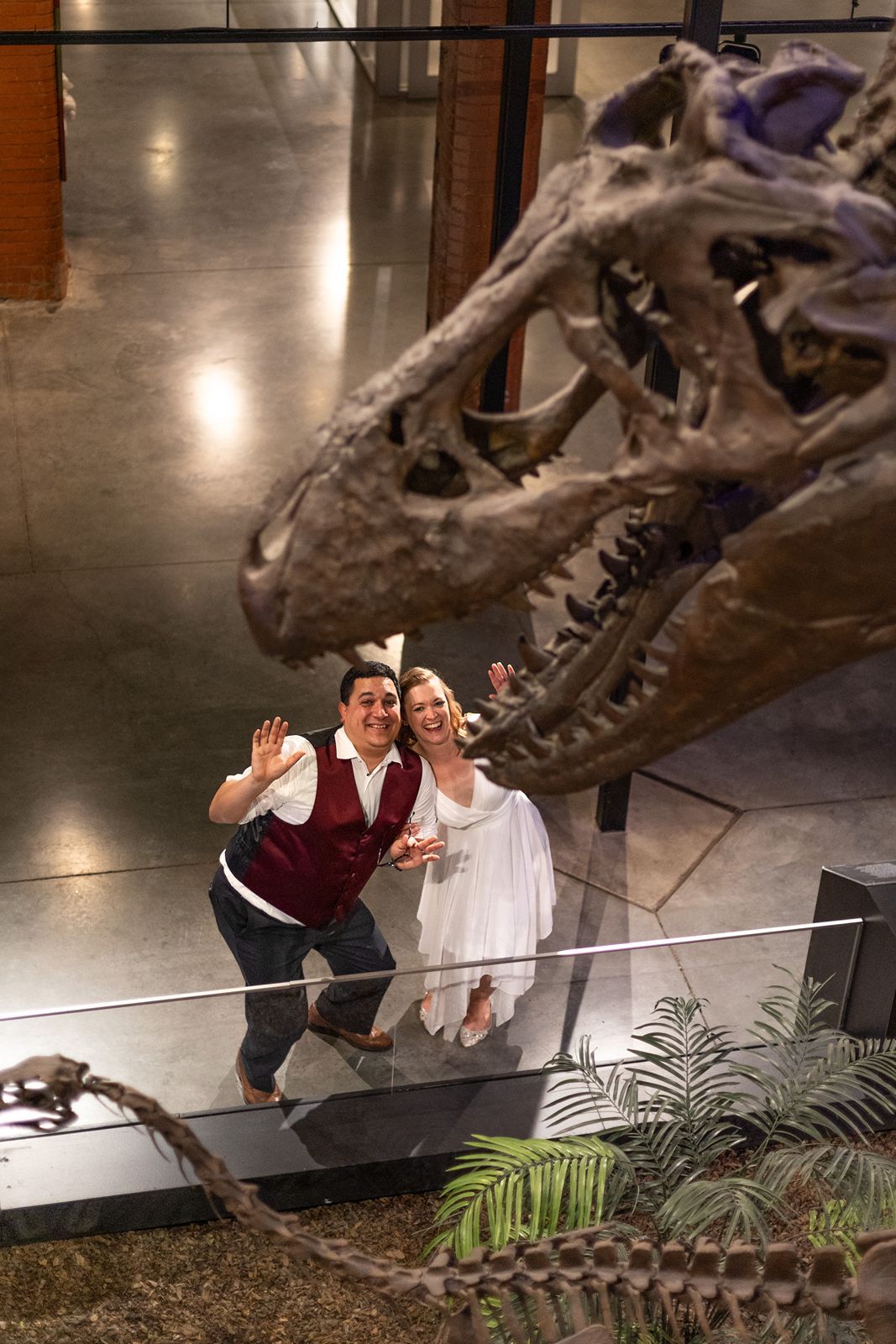 Joyful wedding couple waving beside large T-rex dinosaur skeleton display at museum venue.