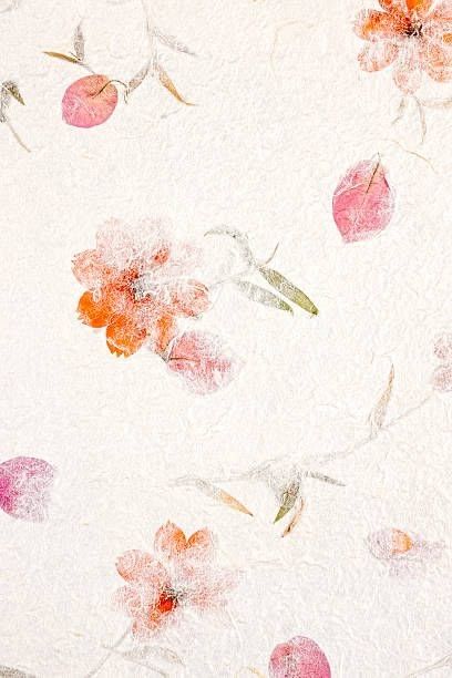 Delicate floral pattern on textured white paper with pink and orange blossoms and green leaves.