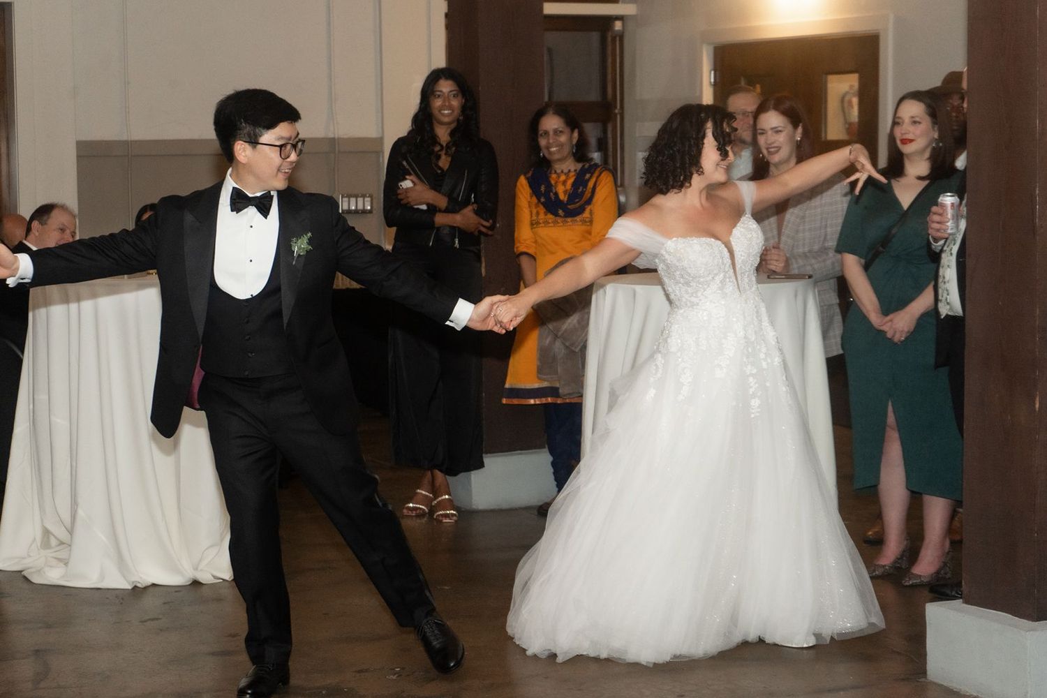 A collage of wedding reception dance photos showing couples twirling and celebrating on the dance floor.