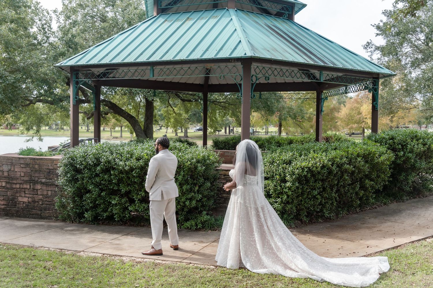 A wedding photography sequence showing a couple posing beneath a green-roofed gazebo in a garden setting.