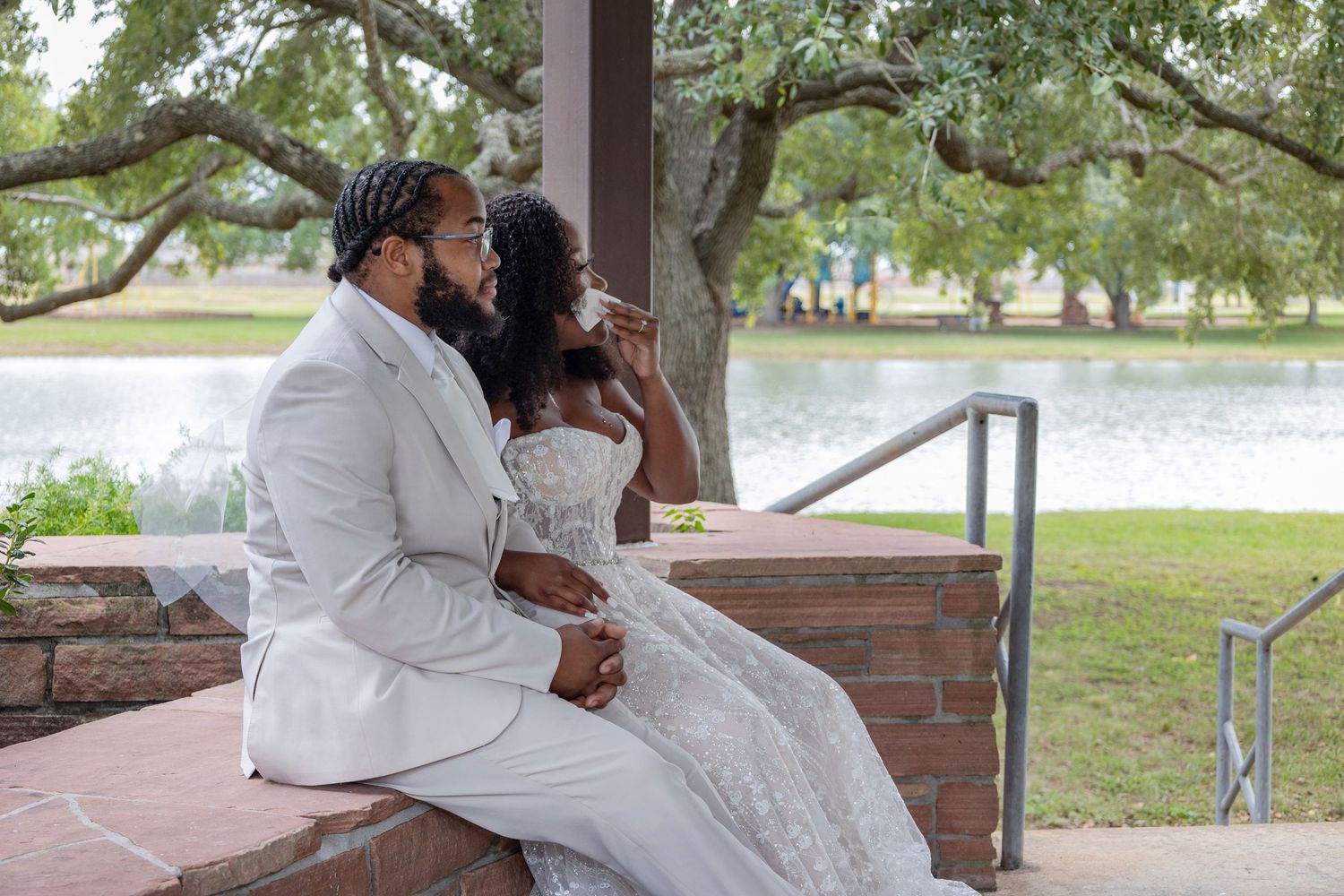 Wedding celebration moments captured at a lakeside pavilion venue.