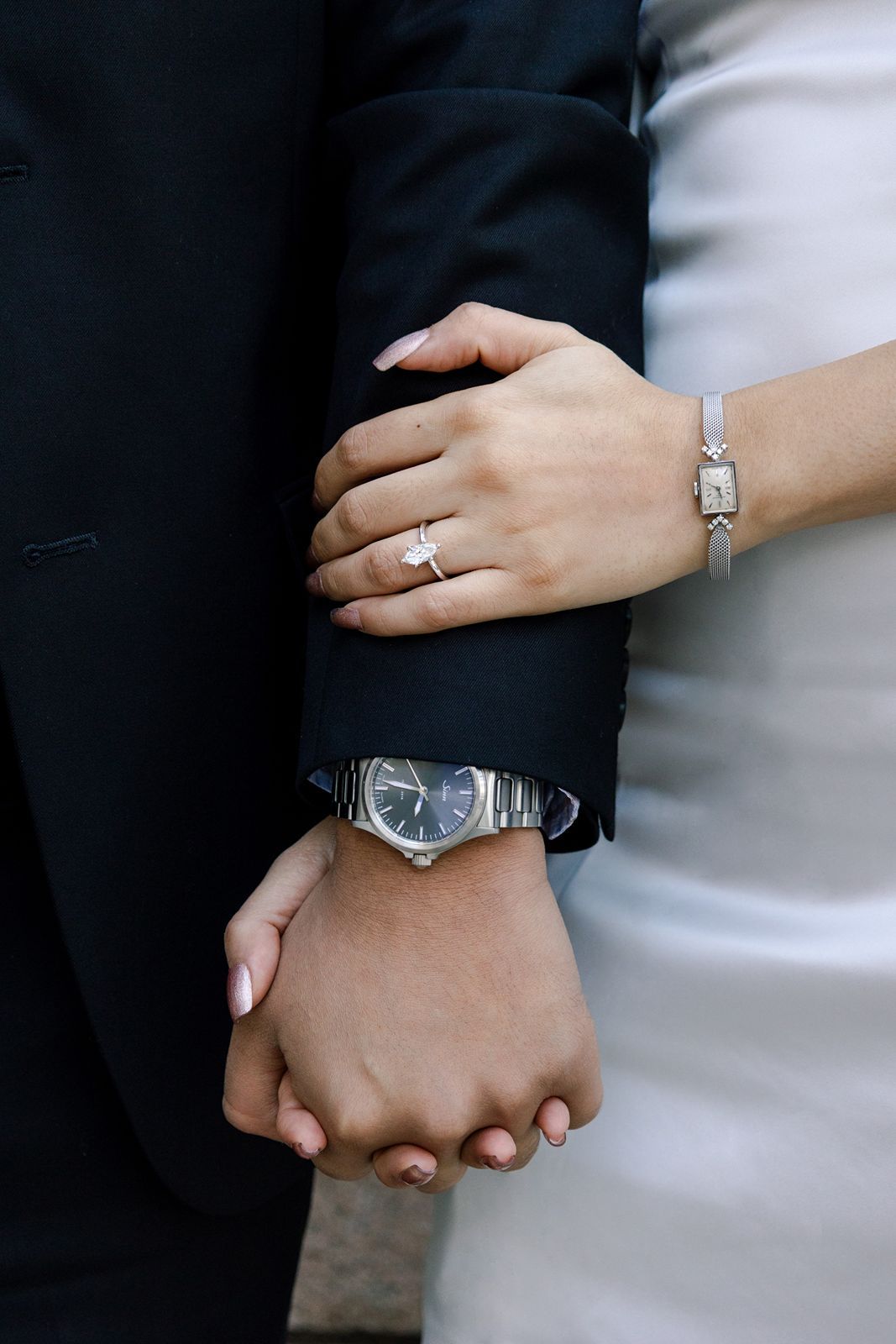 A series of close-up photos showing hands clasped together and engagement rings in romantic poses.