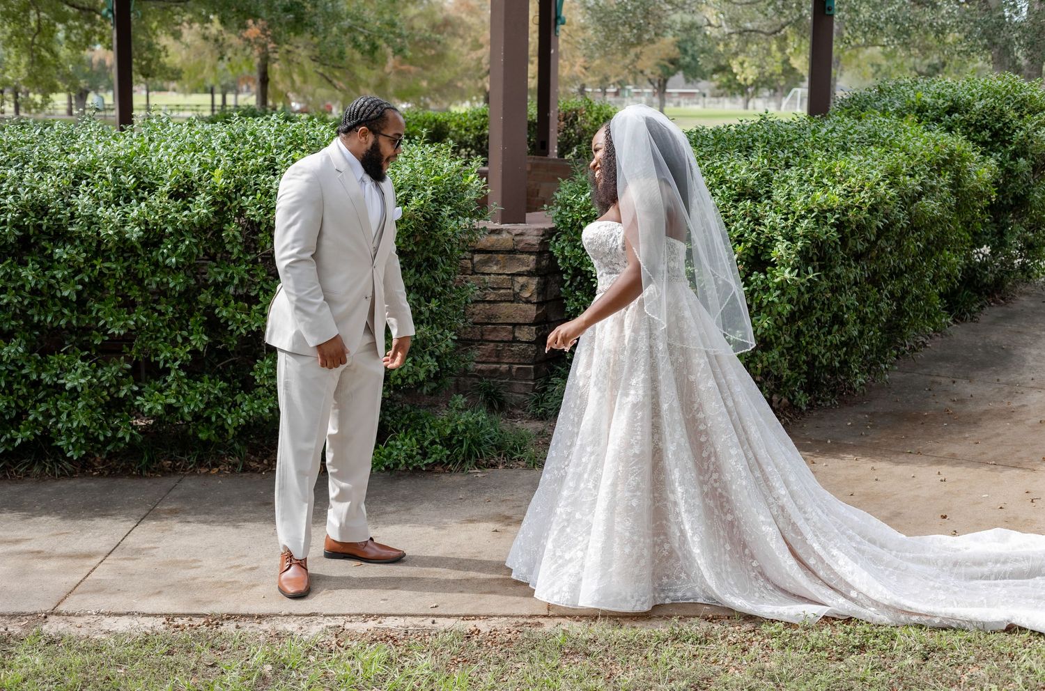 Wedding photoshoot series showing elegant poses under a wooden gazebo with greenery in the background.