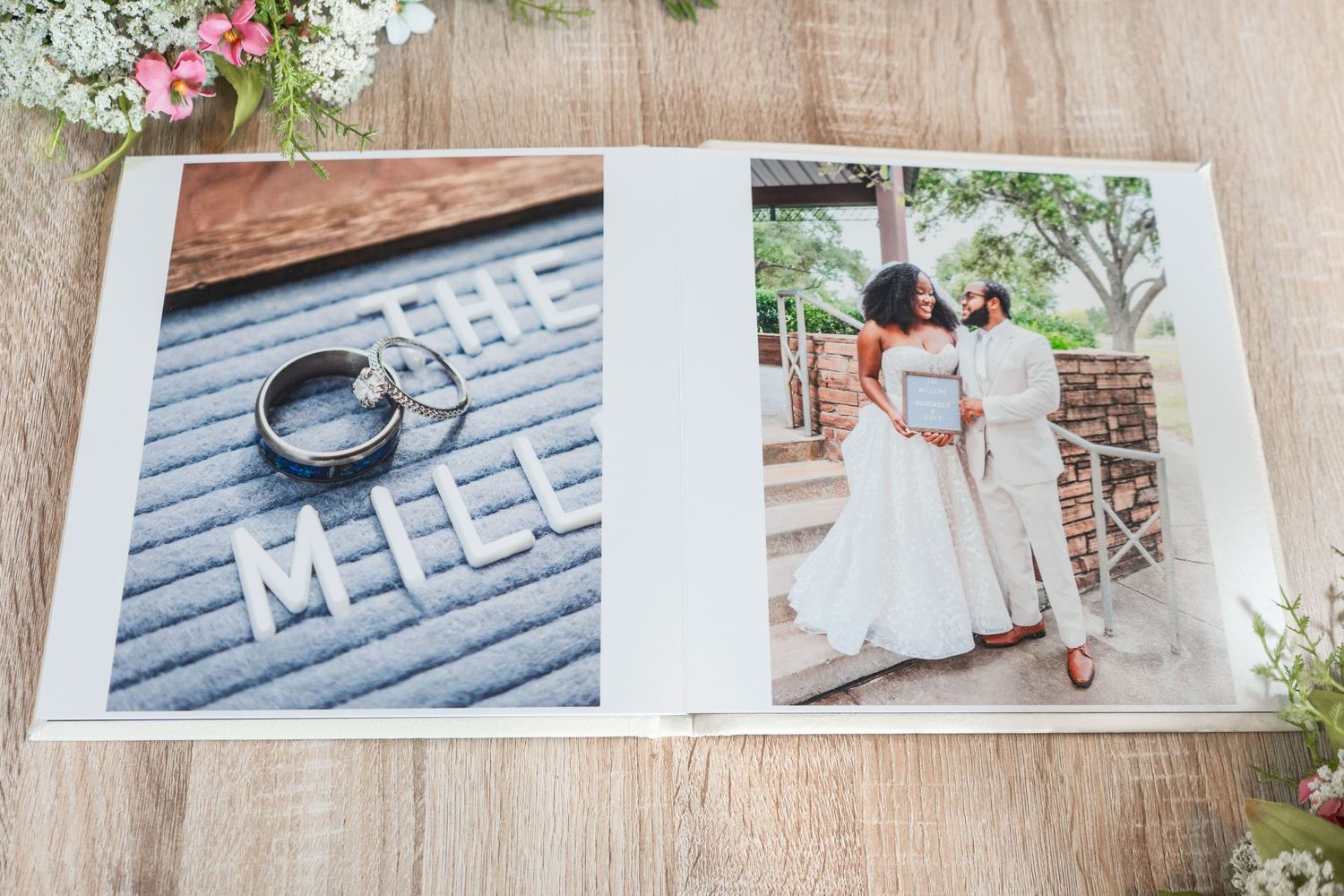 Wedding photo album showing ring detail shot with LOVE text on left and outdoor couple photo on right side.
