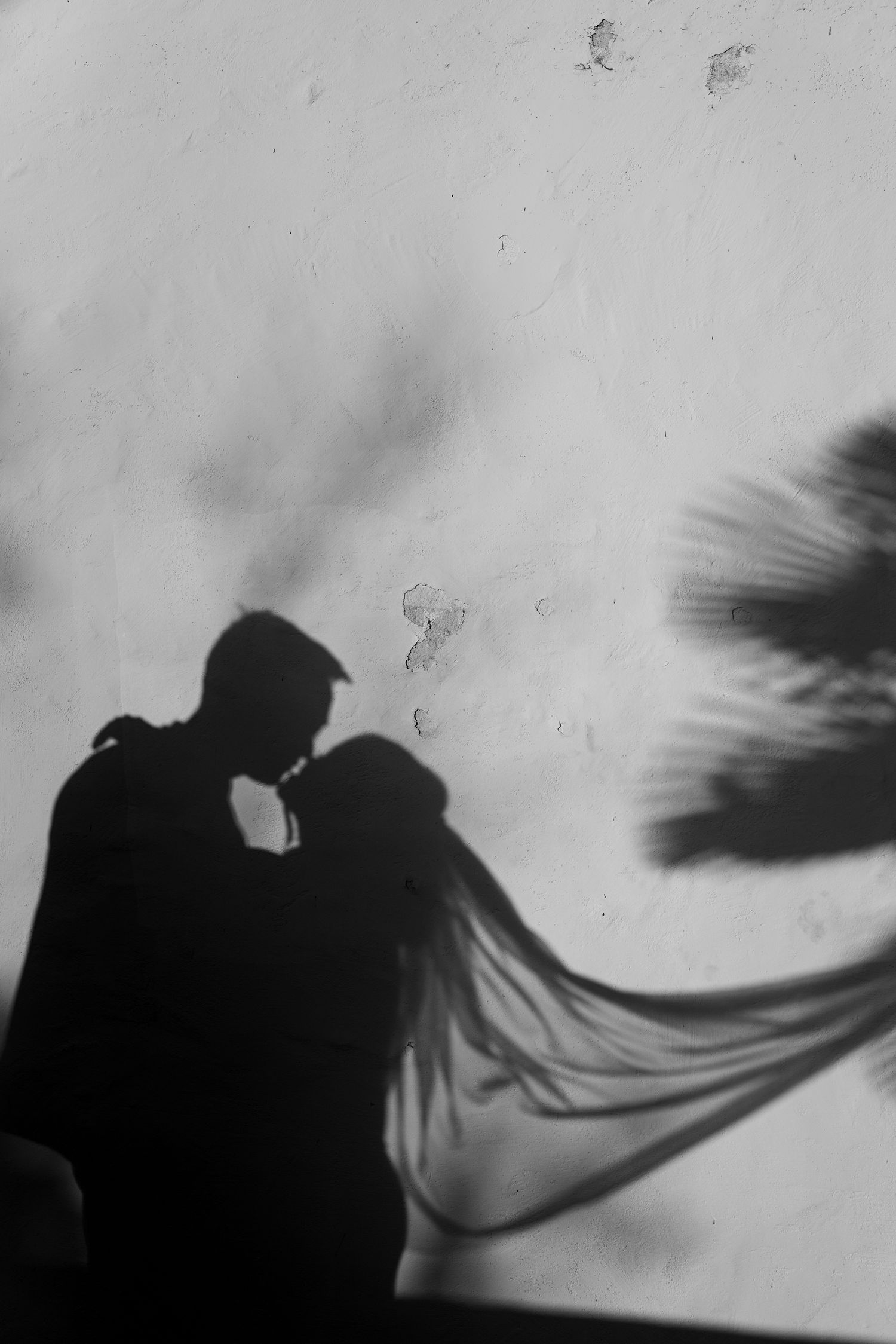 Black and white silhouette of two people embracing in an artistic shadow play with flowing fabric effect.