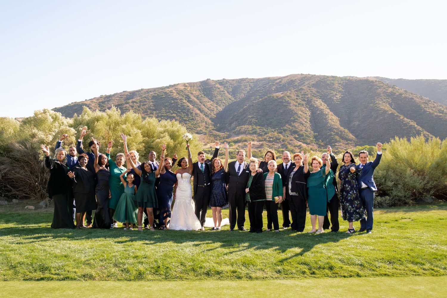 Large wedding party group photo with mountains and green landscape in background.