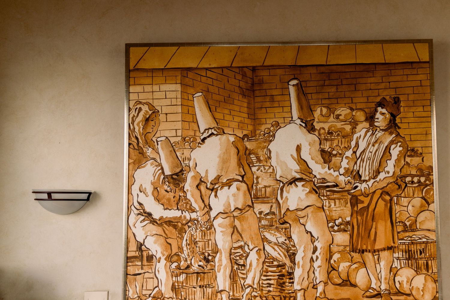 Vintage sepia artwork depicting musicians performing in a brick-walled tavern setting.