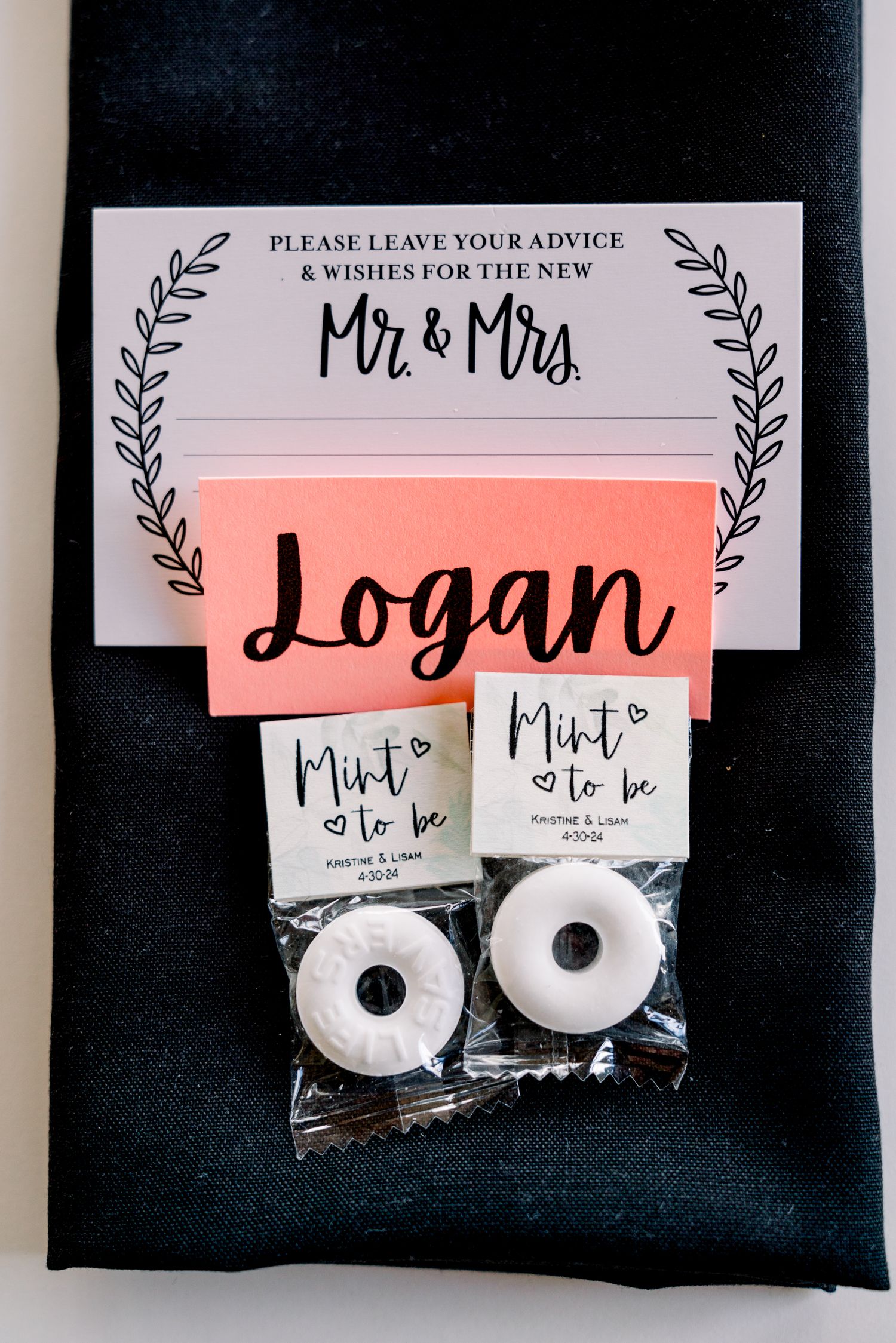 Wedding keepsake with a name card for Mr & Mrs Logan and mint to be favor bags with candy.