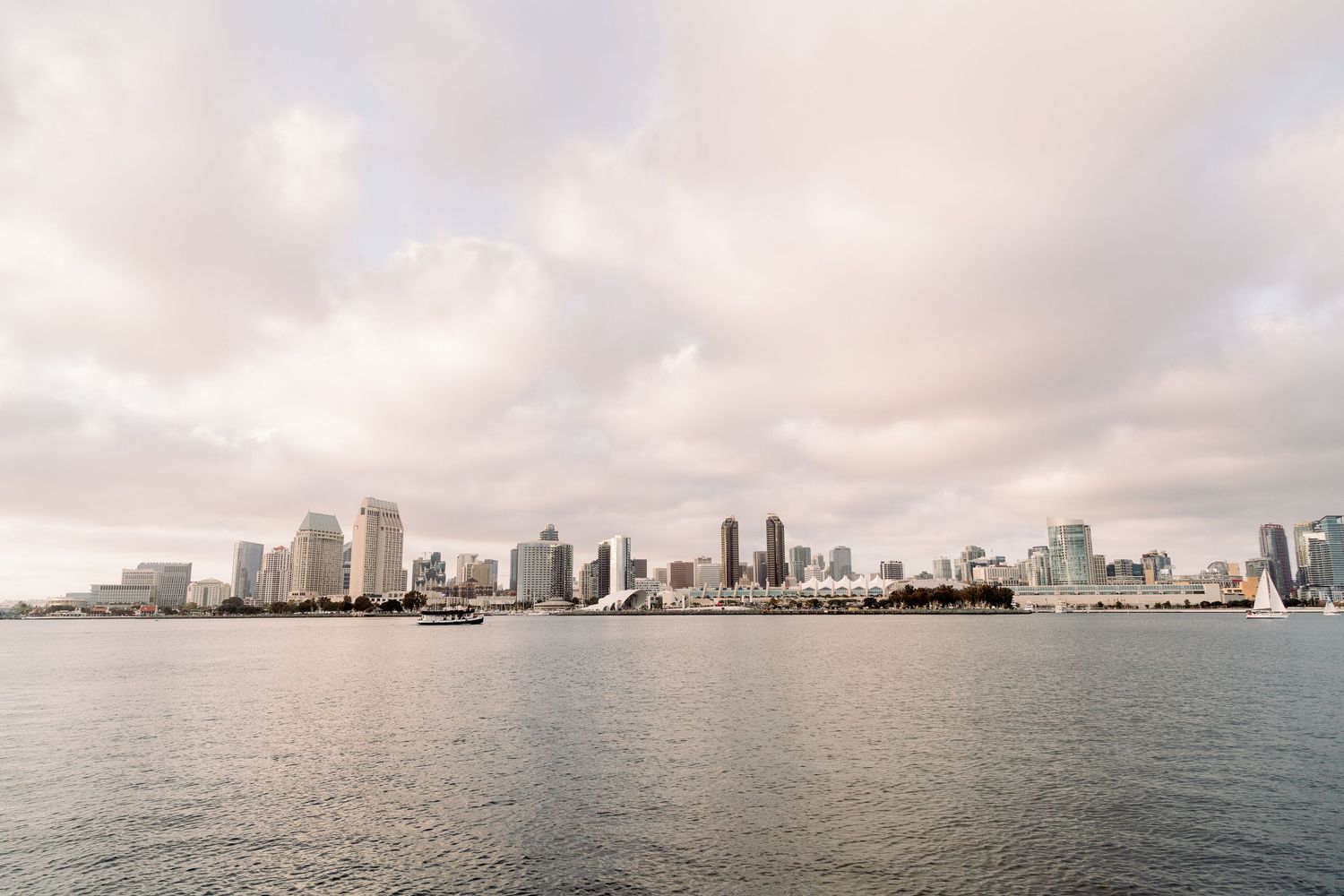 San Diego skyline view across the bay during an overcast day.