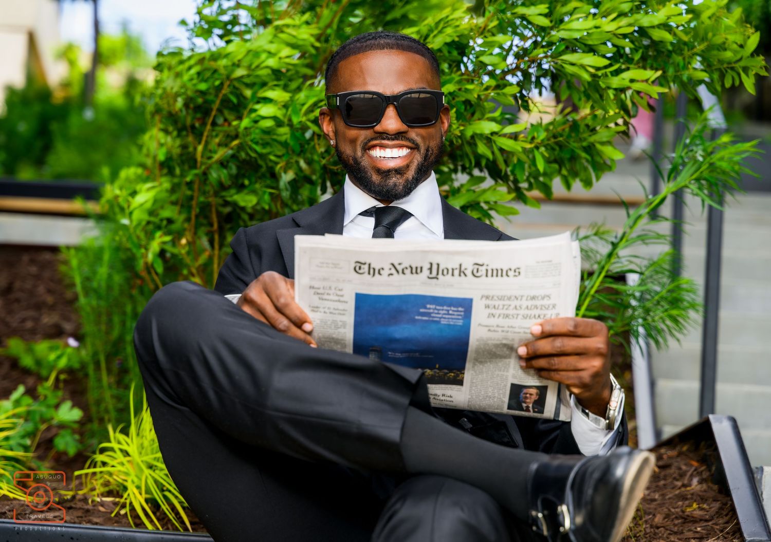 Outdoor portrait series showing someone reading The New York Times newspaper on a sunny day.