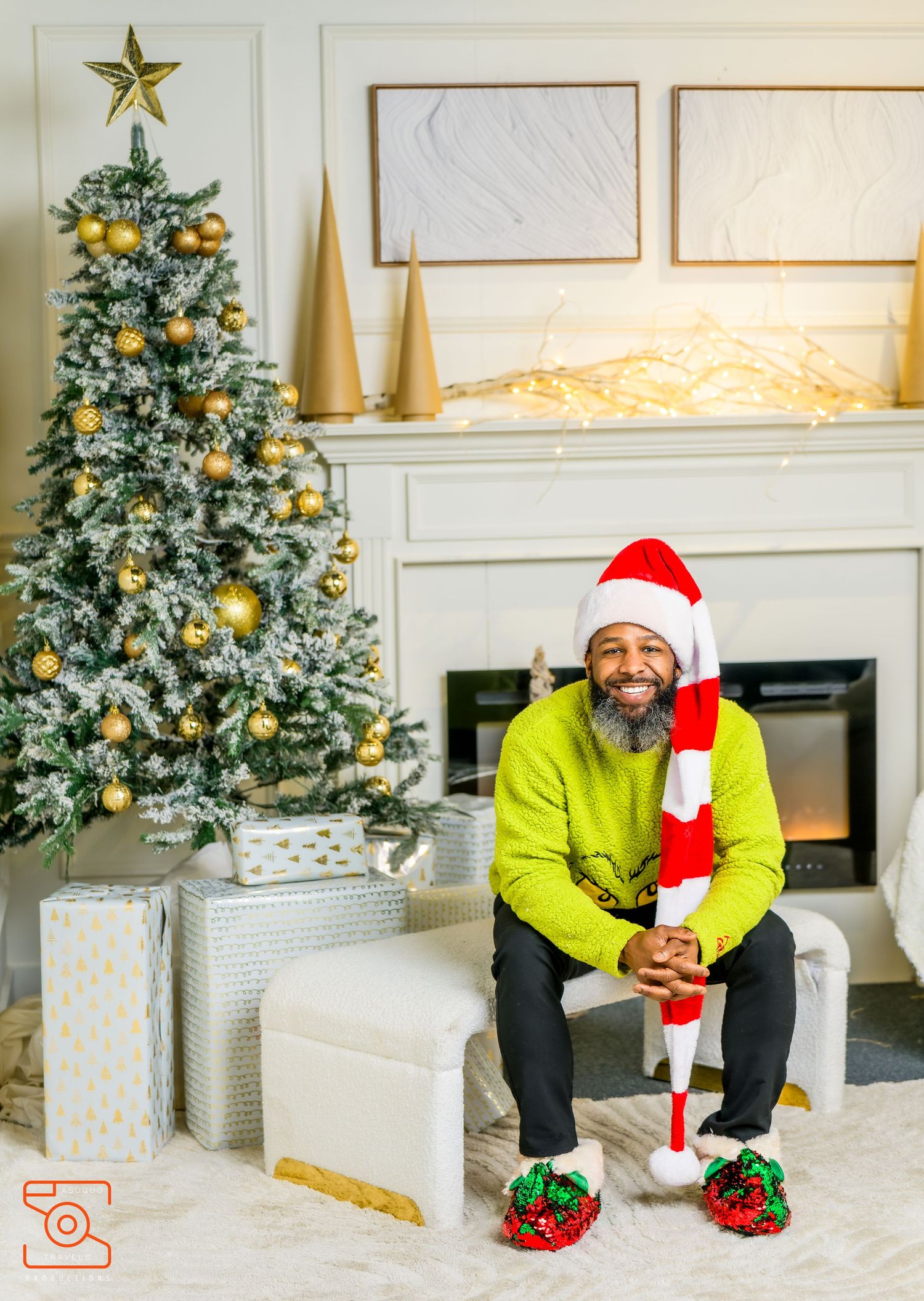 Festive holiday photos with decorated Christmas trees and someone wearing elf slippers.
